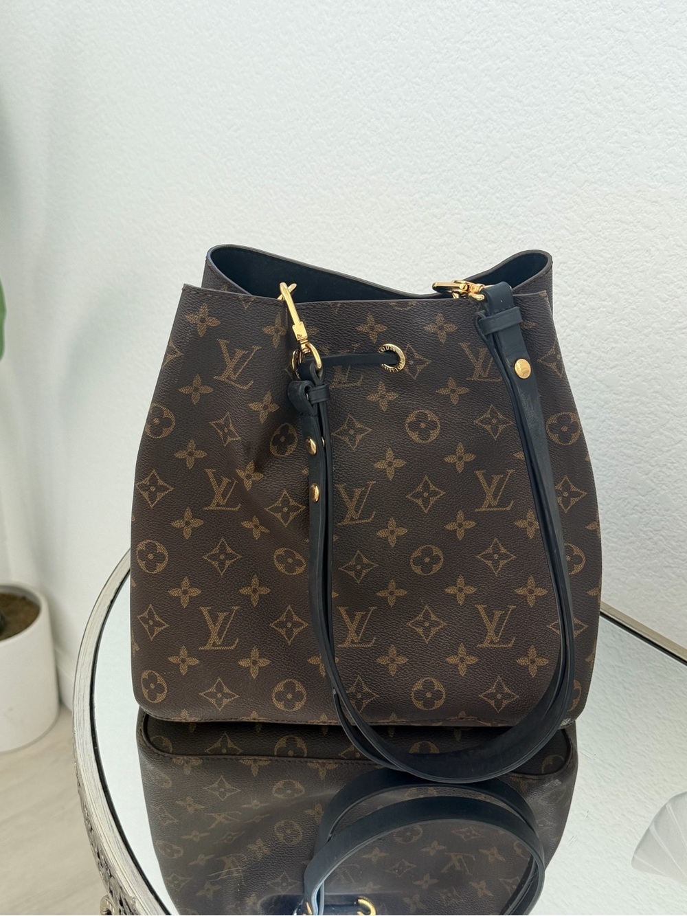 Louis Vuitton Monogram Noe Canvas Bucket Bag with Black Trim and Gold Hardware